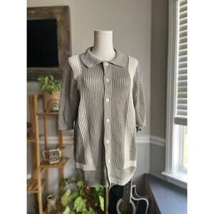 Vintage Y2K Sage Green and White Crochet Button Front Blouse Size Medium